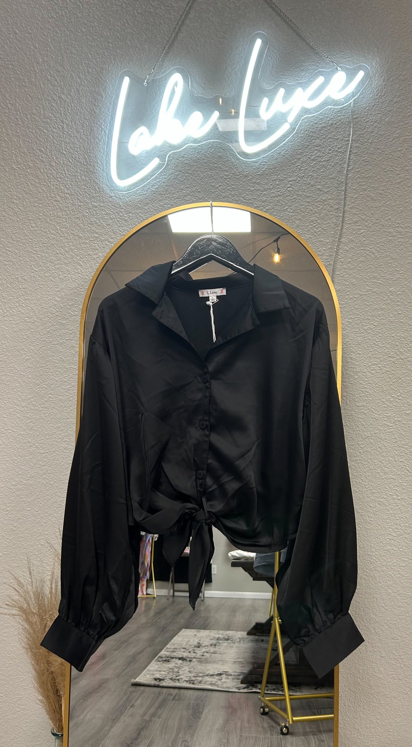 Black satin front tie blouse cropped