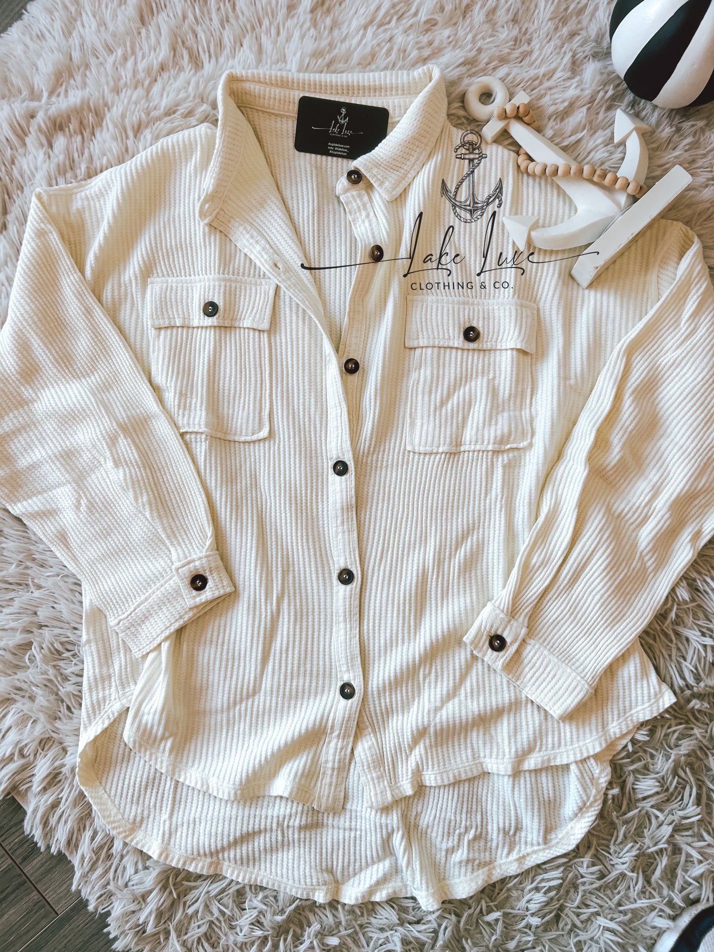 Waffle knit button up - cream