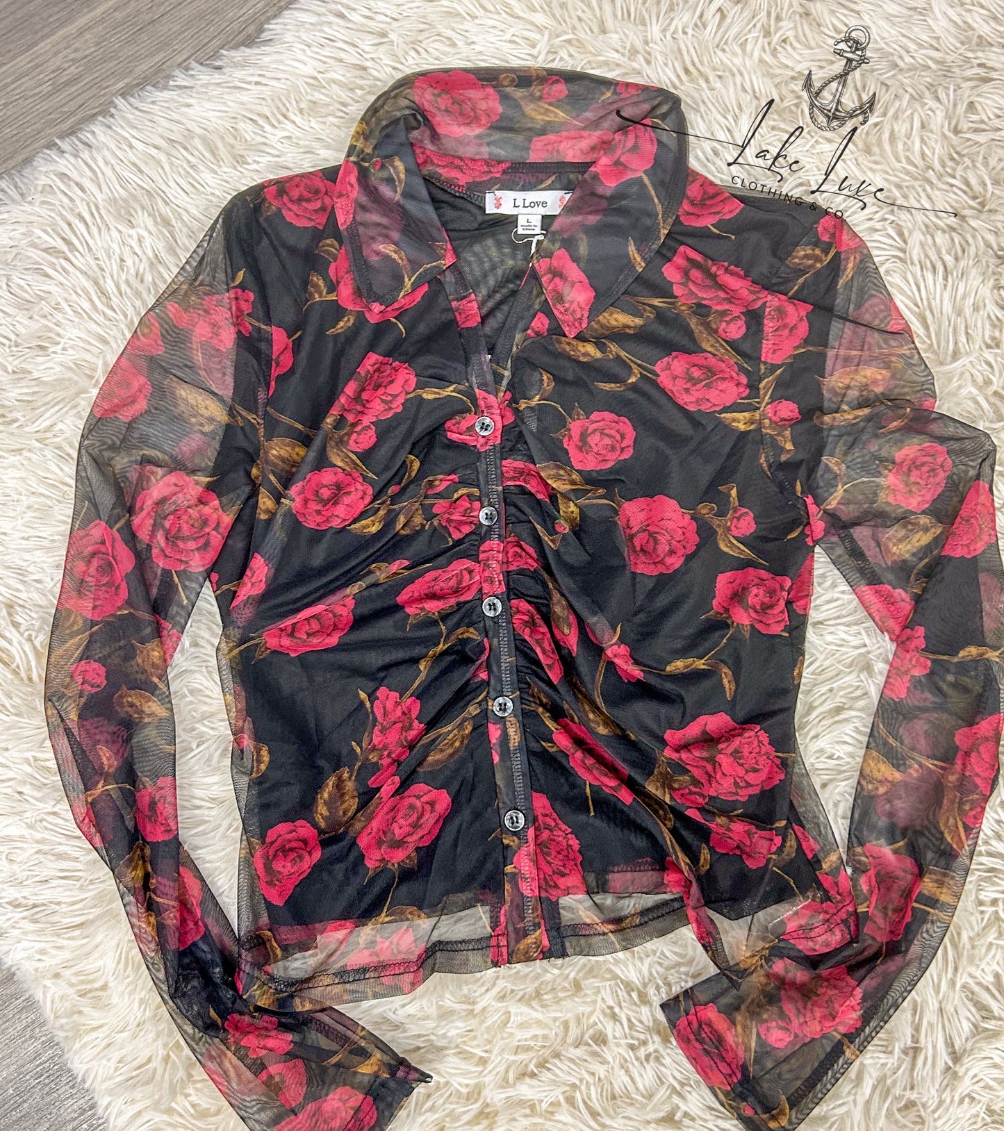 Red floral mesh shirt