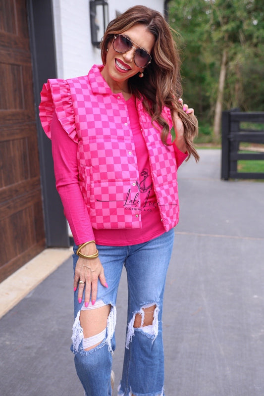 Presale! Pink checkered puffer vest! Closes 10/5/24 at 7p - eta 11/20-11/30