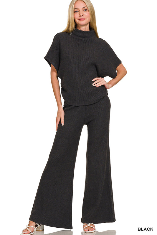 black sweater pant set with mock neck - black