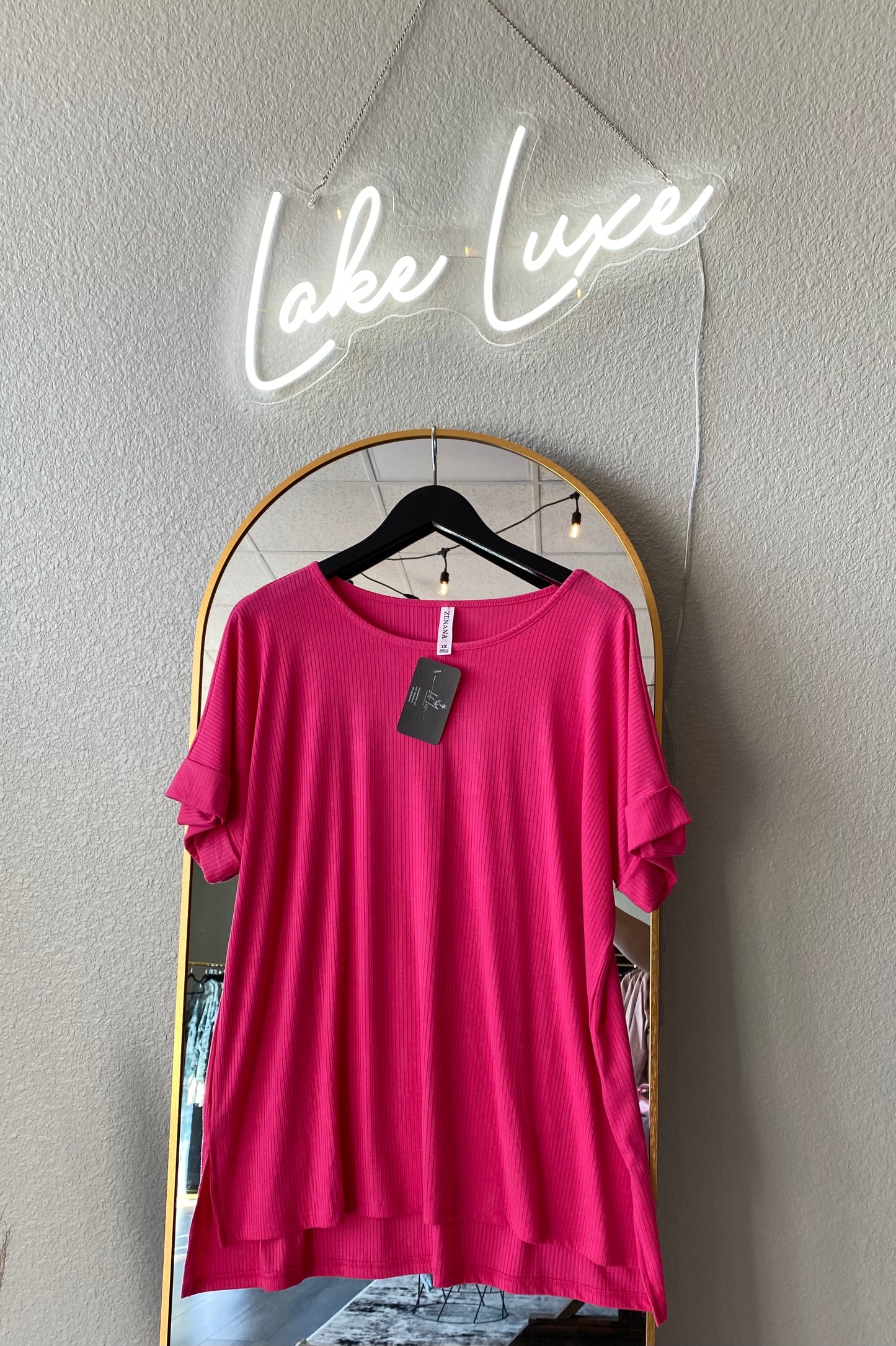 Hot pink plus top cuffed sleeves