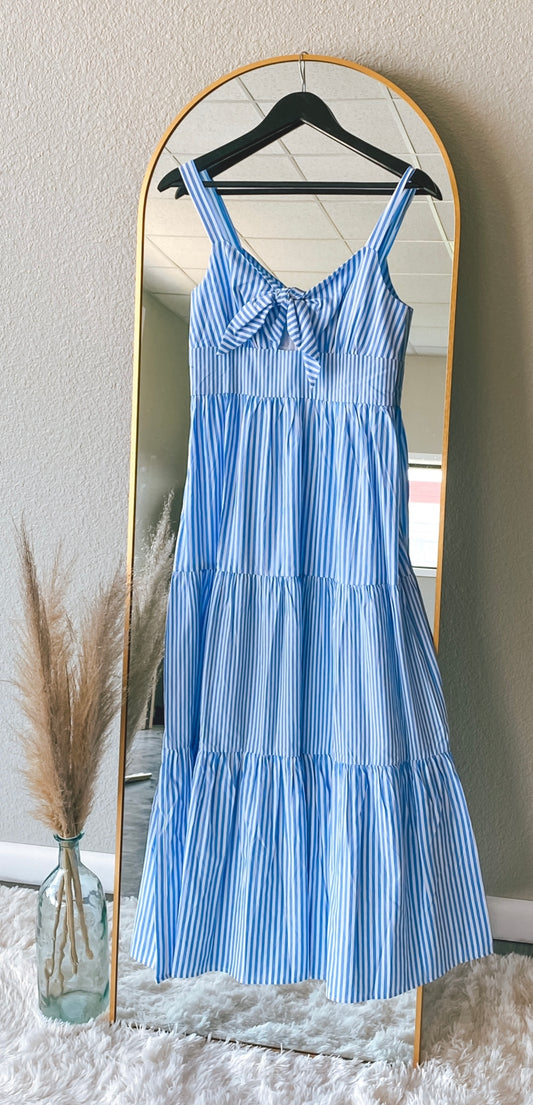 blue and white stripe maxi  dress